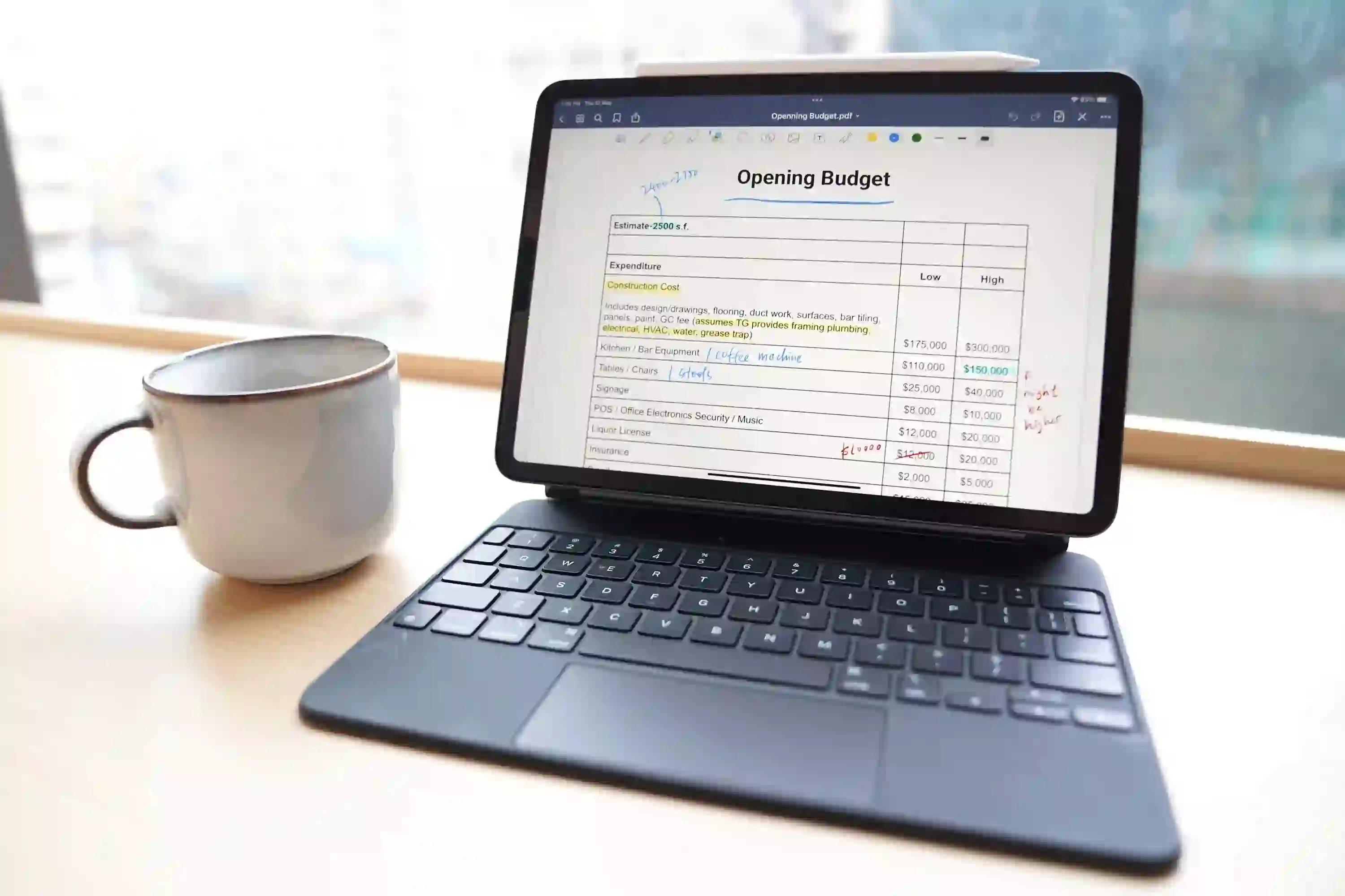 budget sheet displayed on a laptop which is placed on a table with a coffee cup on the left