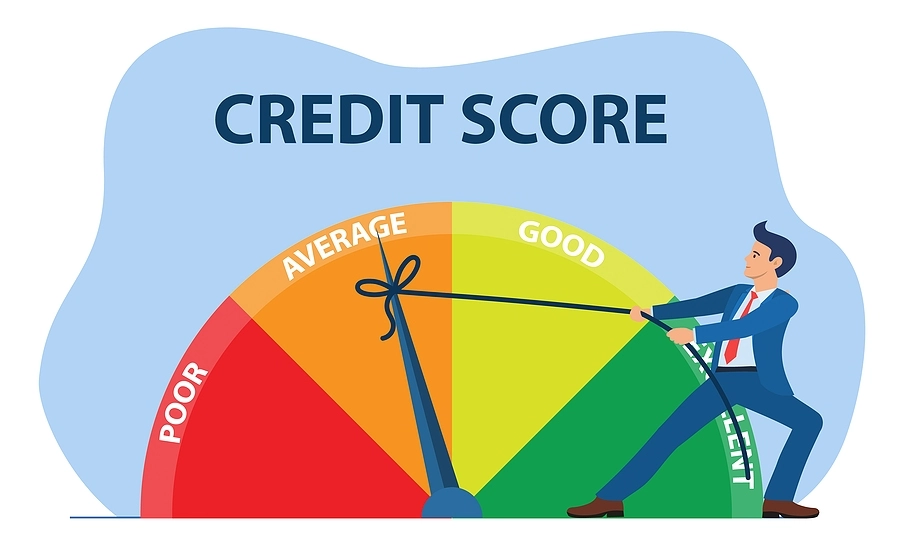 infographic showing a man in a suit pulling on a credit score indicator